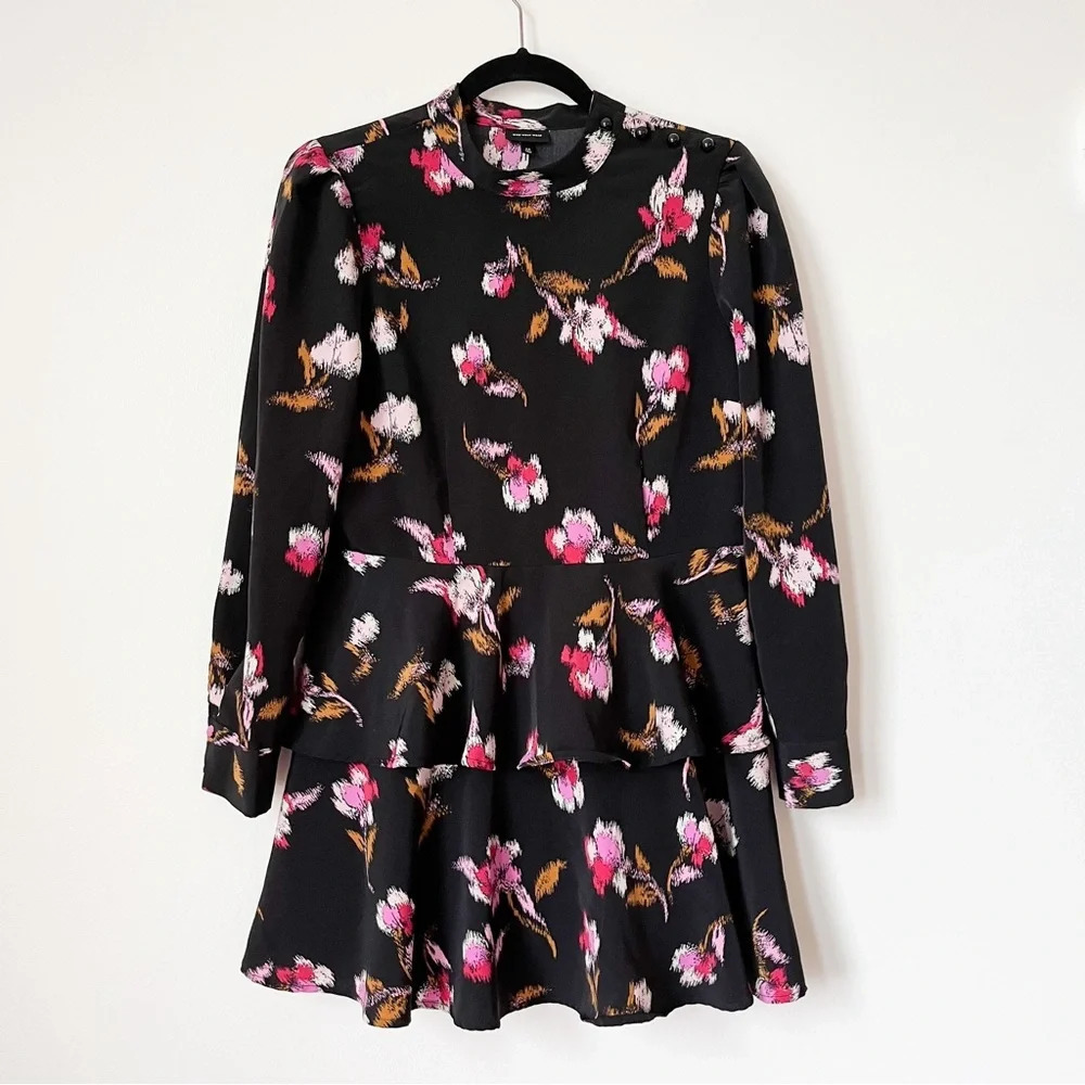 Altered* Who What Wear Black Floral Tiered Long Sleeve Mini Dress Medium Flounce